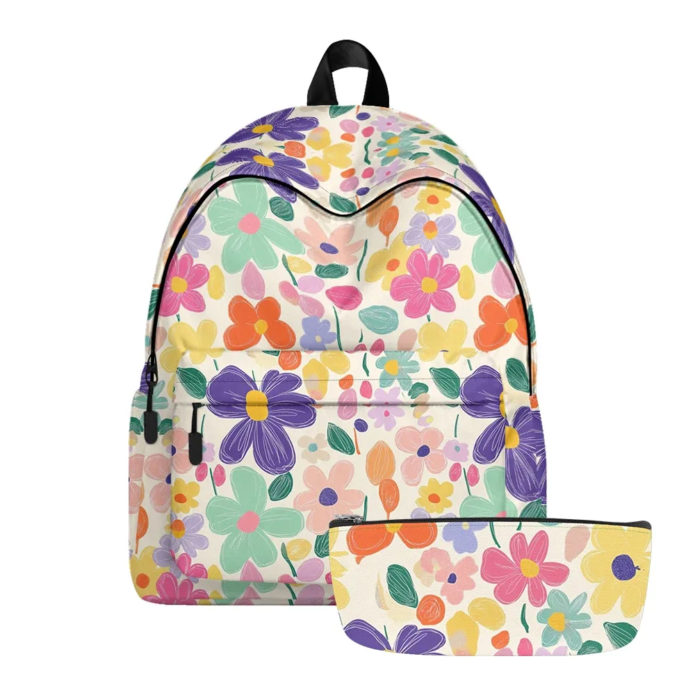 sac à dos imprimé floral dessiné à la main, sacs à crayons, bretelles réglables, sac d'école léger et durable, sac de jour de voyage pour adolescents, ensembles