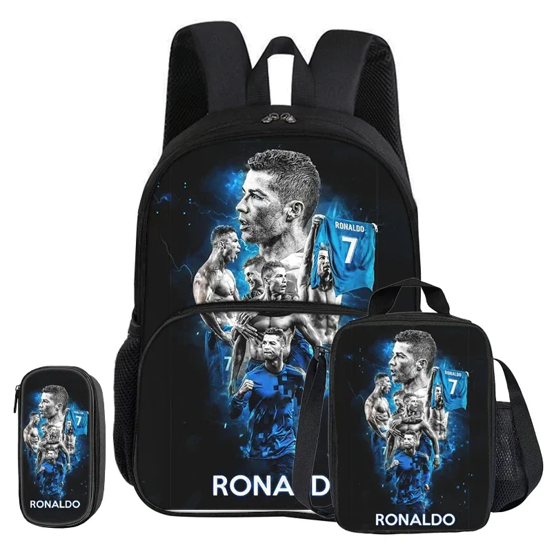 ensemble ronaldo 3 pièces avec sac à dos à poche frontale, sac isotherme pour le sport et le football, et trousse à crayons cr football star