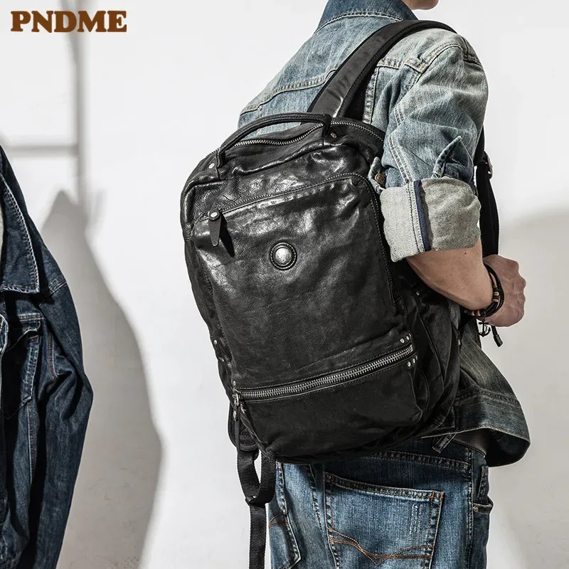 Sac à dos décontracté de haute qualité en cuir véritable pour hommes et femmes, sac à dos de voyage de luxe en cuir de vache souple pour adolescents, sac à dos noir pour ordinateur portable