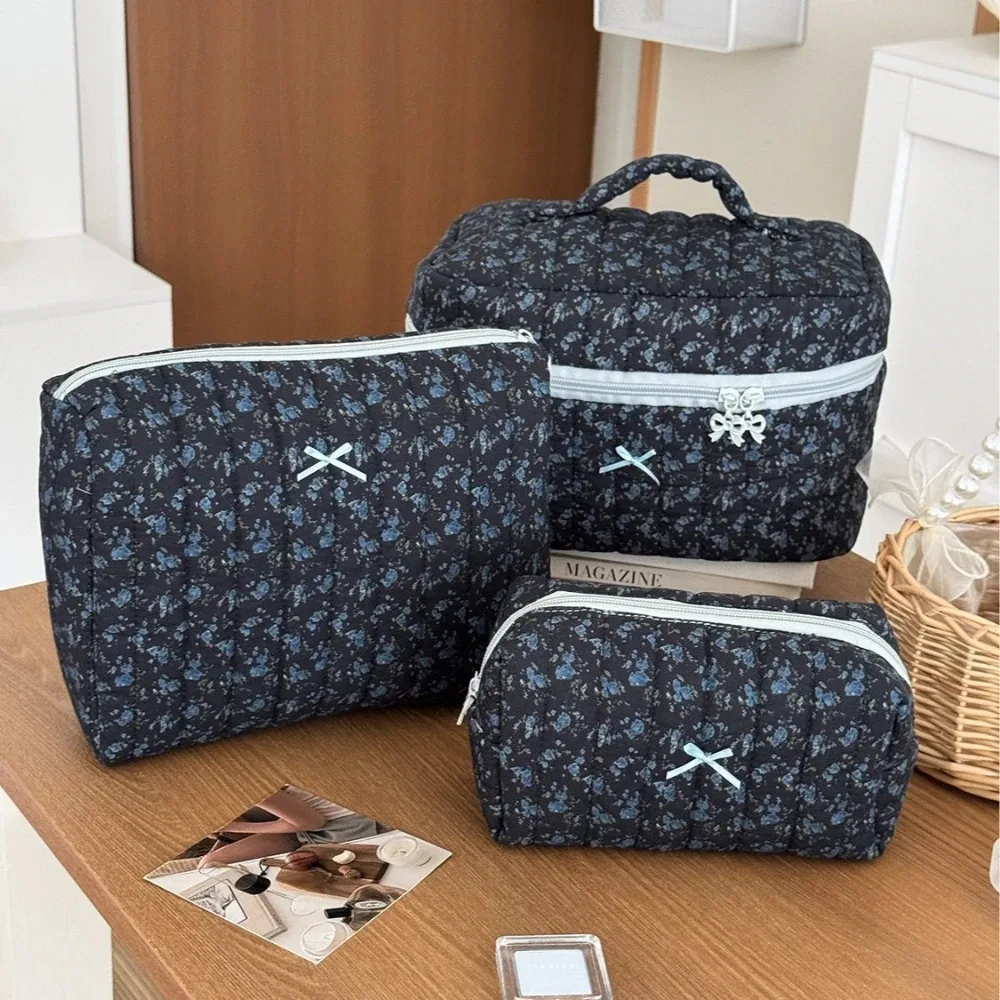 sac de rangement de cosmétiques floral, pochette de maquillage élégante à imprimé noir pour femmes