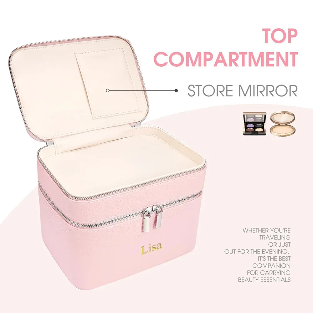 sac de maquillage professionnel portable à double couche personnalisé avec nom, trousse de soins de la peau, boîte de rangement pour produits de beauté, sac de maquillage multi-compartiments