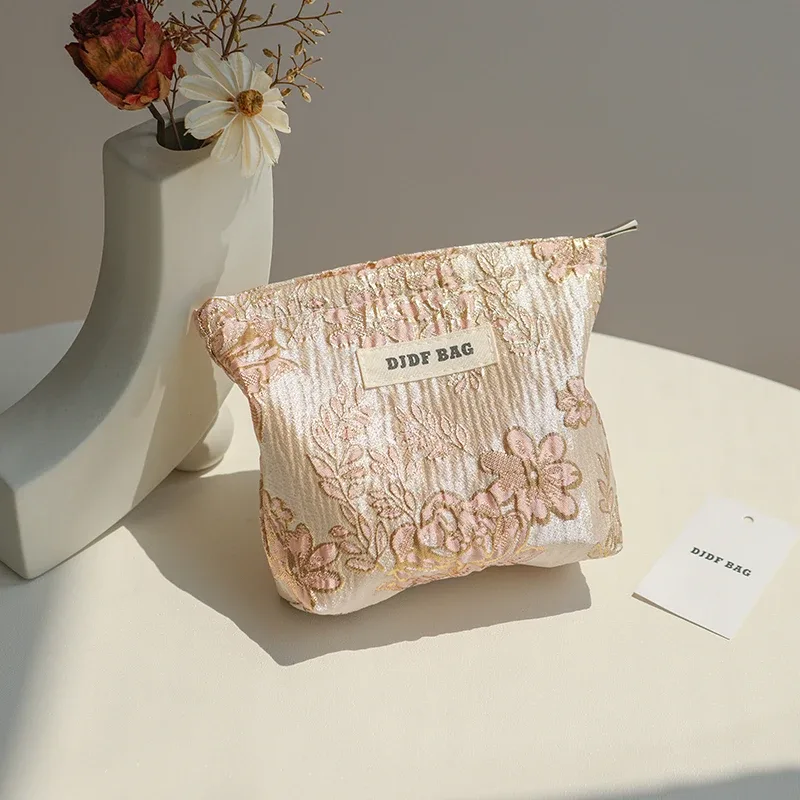 djdf – petit sac à cosmétiques à fleurs roses pour femmes, double couche en toile douce, sac de rangement portable pour serviettes hygiéniques, porte-monnaie style ins