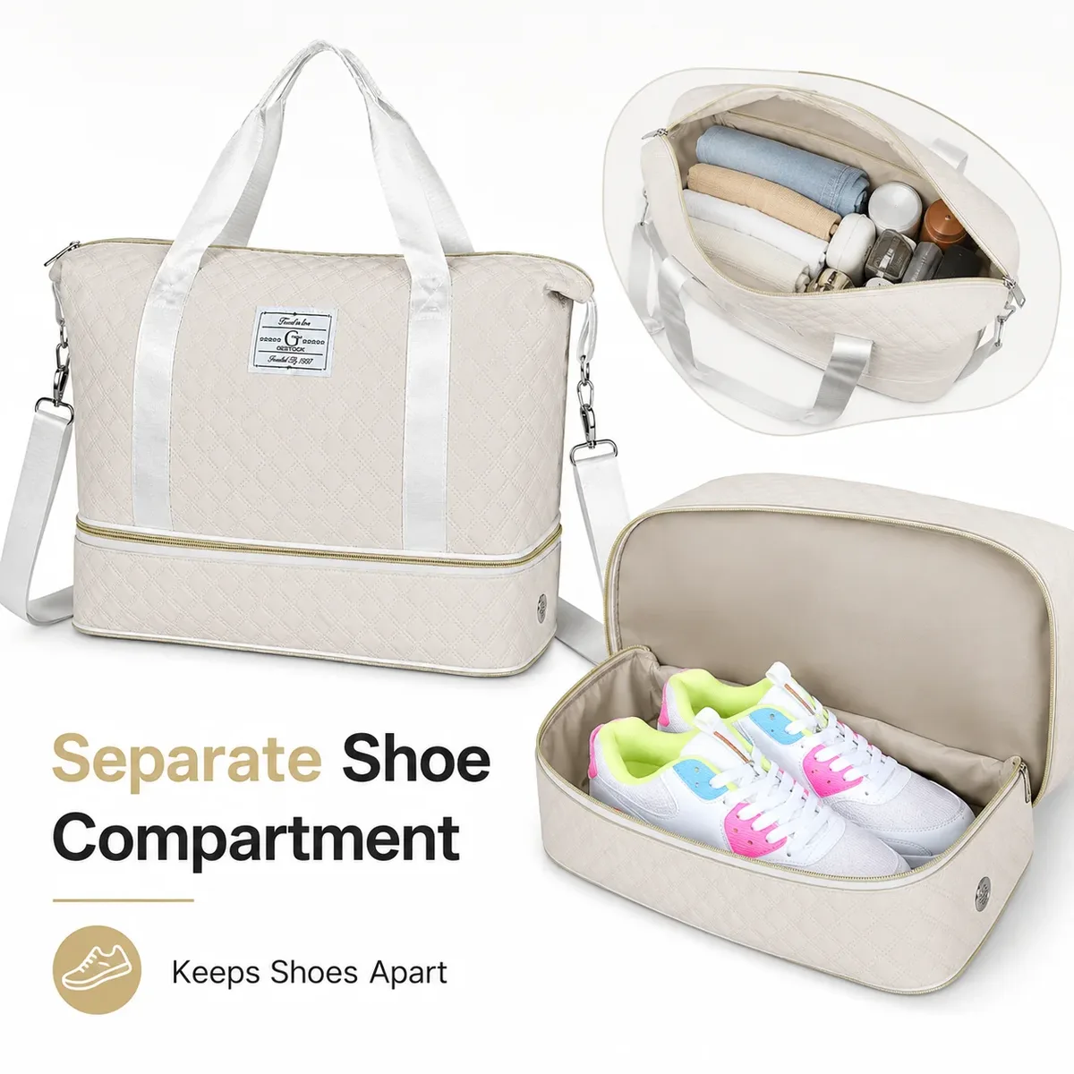 grand sac de voyage matelassé avec compartiment inférieur séparé et bandoulière réglable pour le week-end et la salle de sport