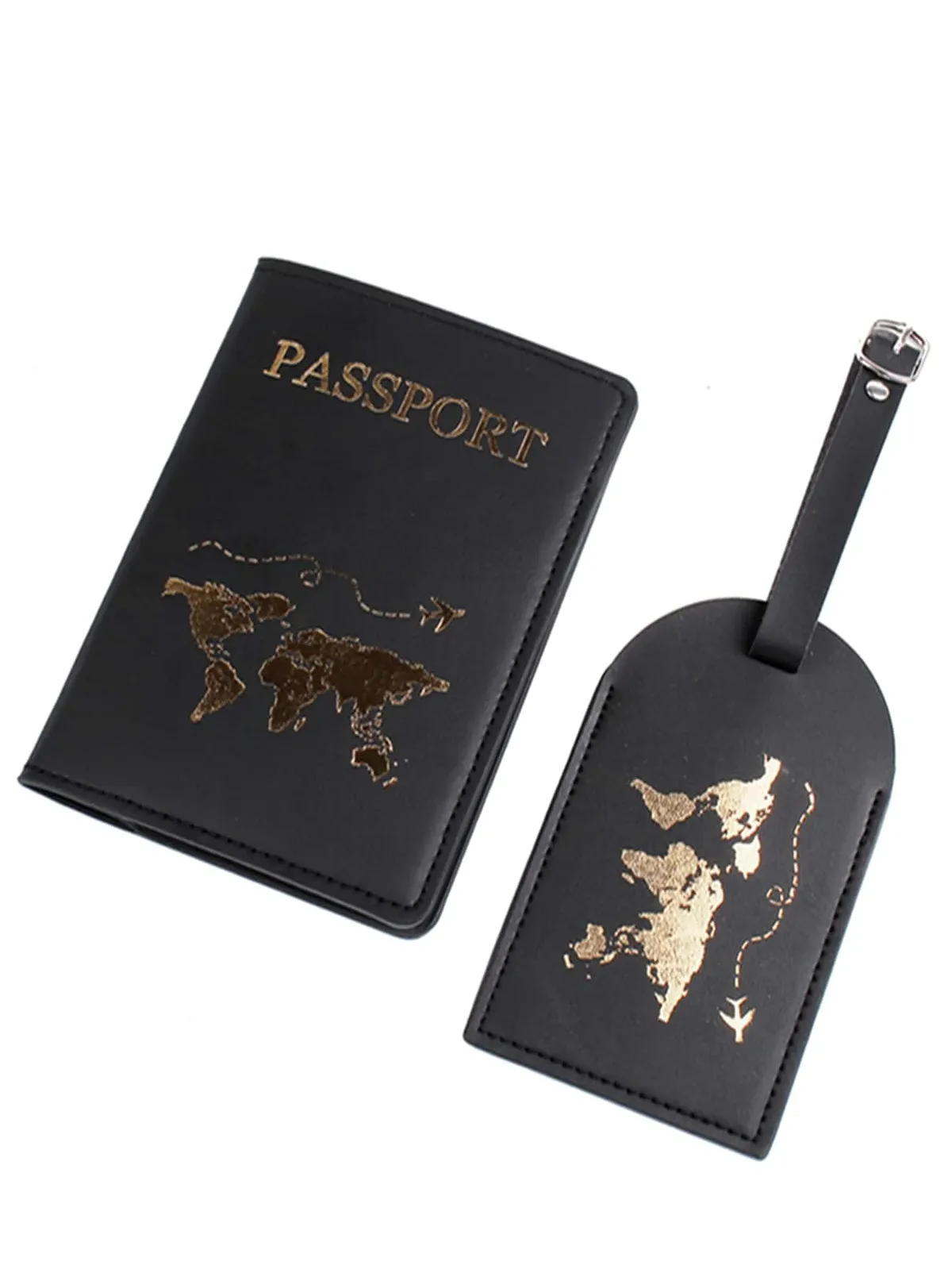 2 pièces/ensemble couverture de passeport étiquette de valise de bagage avec nom carte d'identité anti-perte portefeuille en cuir pu accessoires de voyage pour les couples de vol