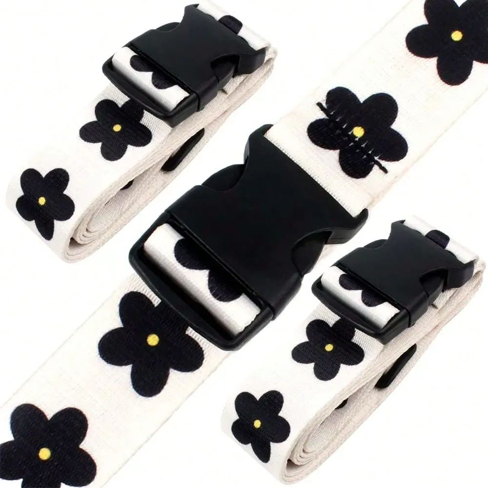 sangle à boucle en plastique pour bagages de voyage, sangle de bagage réglable à imprimé floral, fermeture à boucle, noir avec motif floral blanc