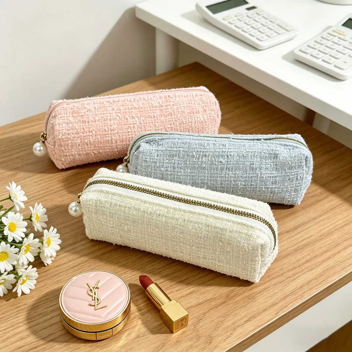 buylemo trousse de maquillage et étui à crayons en coton tweed de luxe, organisateur 2-en-1 style seau pour papeterie et maquillage, rangement minimaliste tendance