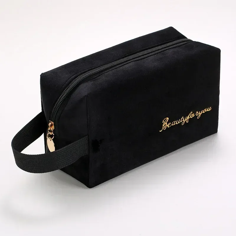 sac à cosmétiques en velours à fermeture éclair pour femme, grande trousse de maquillage de voyage, solide, pour documents, rouge à lèvres, rangement féminin