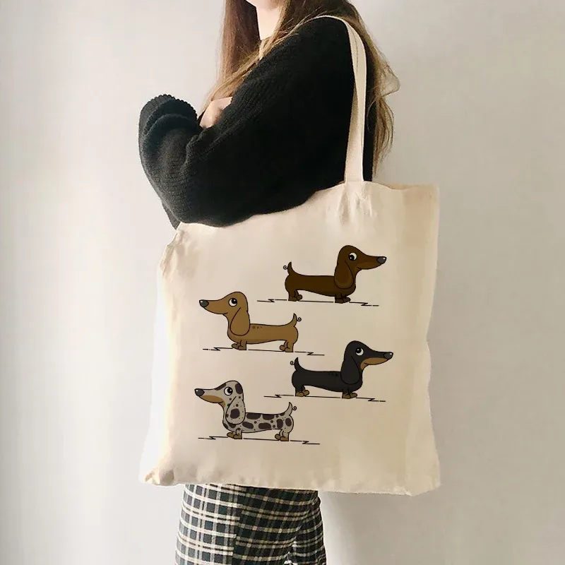 sac fourre-tout imprimé teckel fantaisiste pour femmes, sac à bandoulière, design animal de dessin animé ludique pour les amoureux des chiens, achats décontractés et quotidiens
