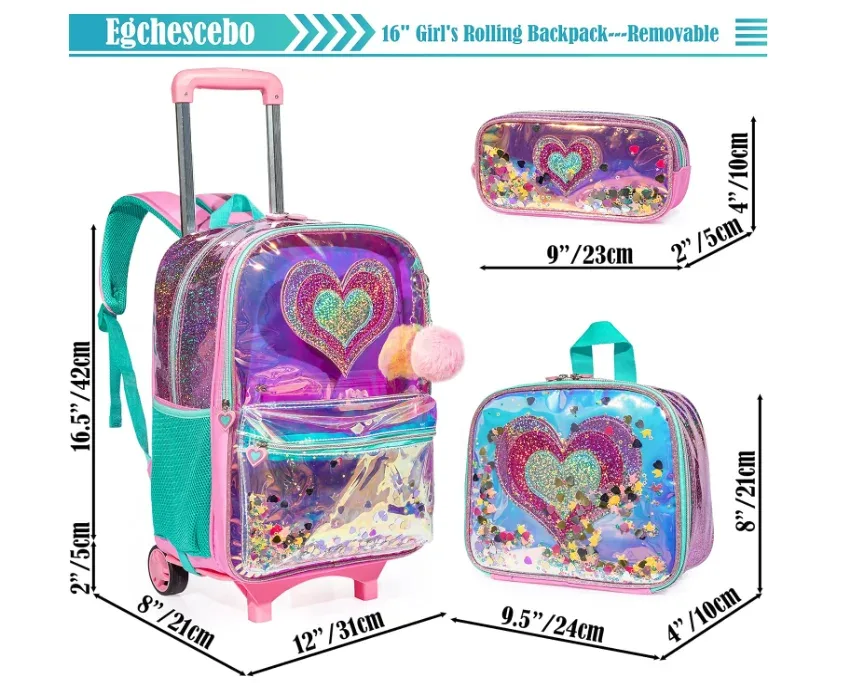 Sac à dos d'école 3 en 1, sac à dos à roulettes, sac à roulettes avec sac à déjeuner, sac à stylos pour filles, sac à dos roulant pour filles