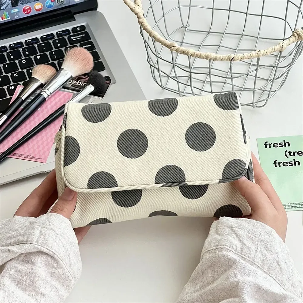 sac cosmétique portable en toile à pois, rayures roses, grande capacité, sac pour petits objets, multifonctionnel avec miroir de maquillage, organisateur de voyage