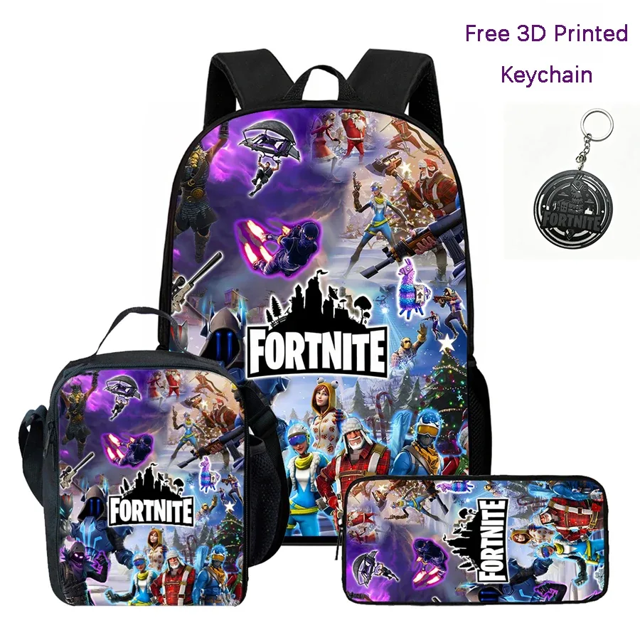 ensemble de 3 sacs à dos pour enfants, sac à lunch et trousse à crayons, sac fortnite à motif de dessin animé, léger pour garçons et filles de 6 à 10 ans, porte-clés imprimé en 3d gratuit