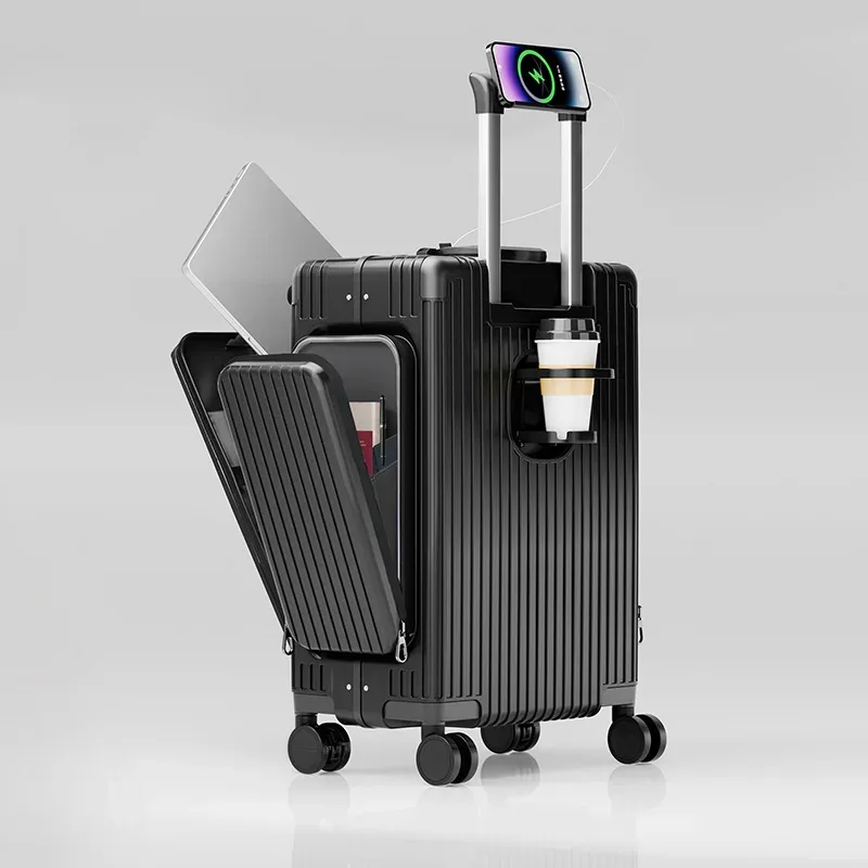 valise multifonctionnelle à ouverture frontale à trois ouvertures, nouveau style, matériau pc de 20 pouces avec poches doubles latérales, tra de grande capacité