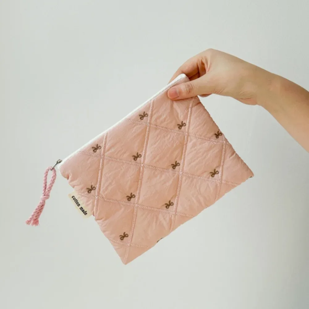 nouvelle trousse de toilette matelassée avec nœud brodé, grande capacité, sac à papeterie multifonctionnel, trousse à stylos