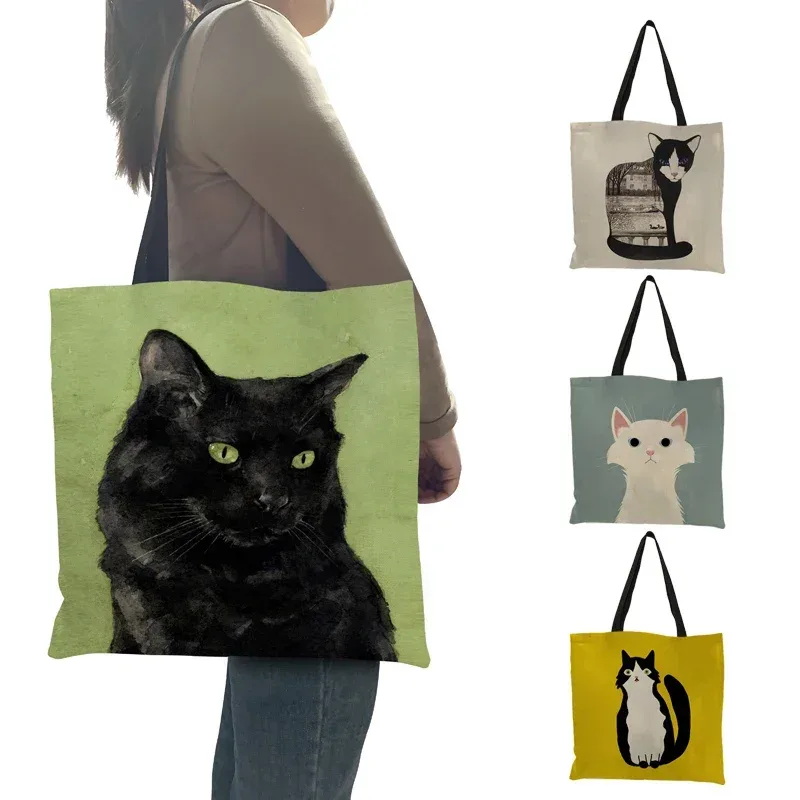 Sac à bandoulière imprimé chat noir pour femmes, fourre-tout, sacs à main, peinture artistique animale, sac de Shopping graphique pour Boutique, supermarché, fourre-tout de plage