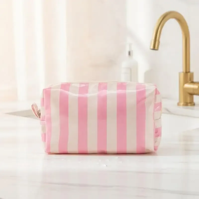 sac à cosmétiques rayé en pvc, trousse de maquillage avec fermeture éclair, trousse de toilette de voyage étanche, étui pour pinceaux de maquillage, 1 pièce