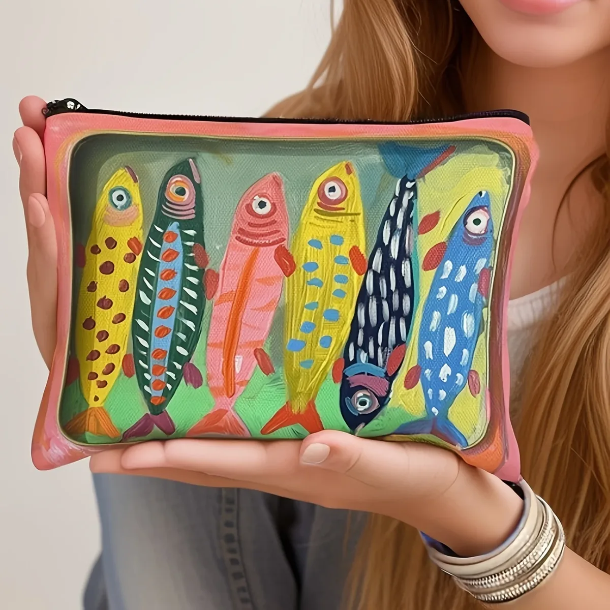 sac cosmétique durable à motif de poisson rayé coloré | pochette de maquillage et porte-monnaie multifonctionnels à fermeture éclair