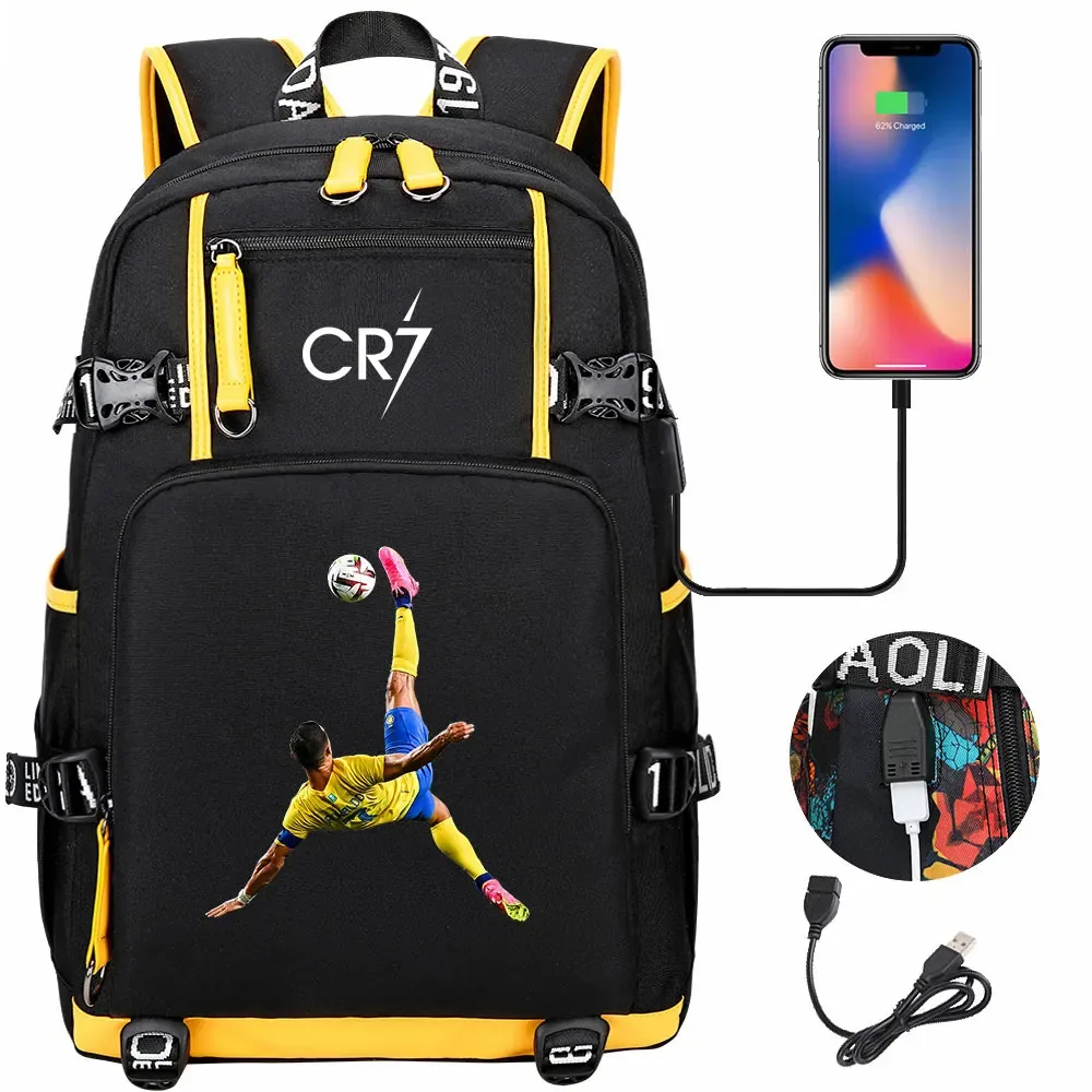 football star cr7 usb adolescents étudiant cartable femmes hommes ordinateur portable voyage sport sac à dos fille garçons enfants retour à l'école livre sacs