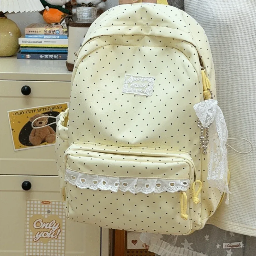 sac à dos de voyage mignon à pois avec dentelle, grande capacité, cartable d'étudiant en nylon, sac à dos multi-poches pour ordinateur portable