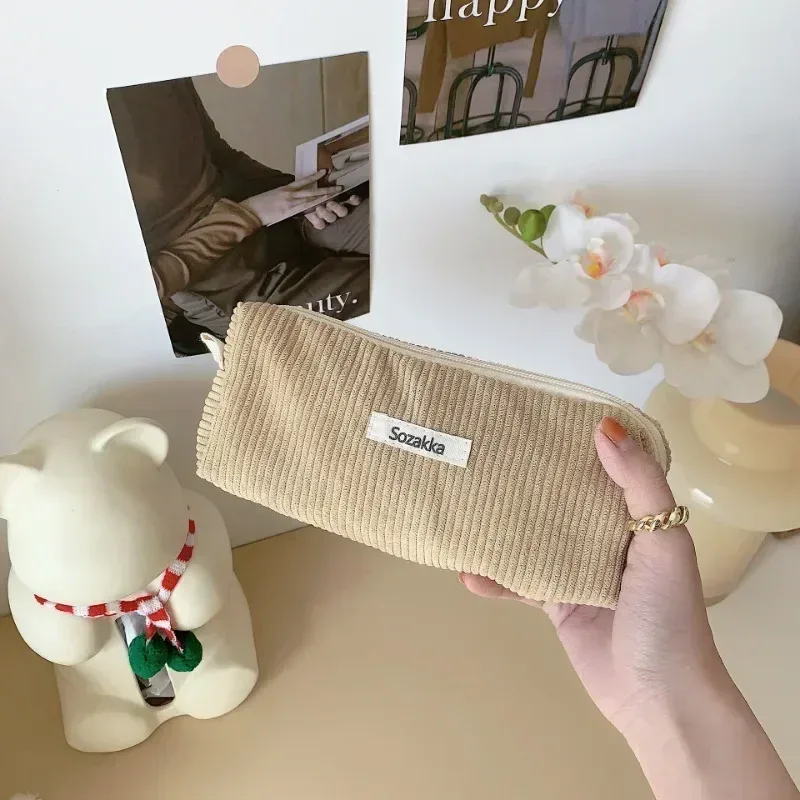 grands sacs à cosmétiques doux pour femmes, trousse de toilette de maquillage, trousse de maquillage de voyage à la mode, trousse de rangement pour crayons et pinceaux en velours côtelé