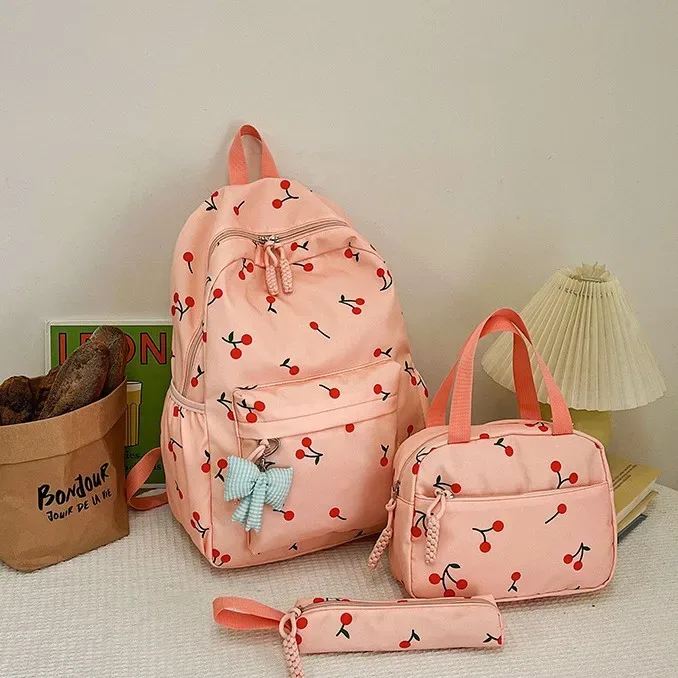 ensemble de 3 sacs à dos à imprimé cerise, trousse à maquillage, trousse à crayons, sac d'école, sac à dos mignon pour filles, sac à dos de voyage, sac à dos d'école