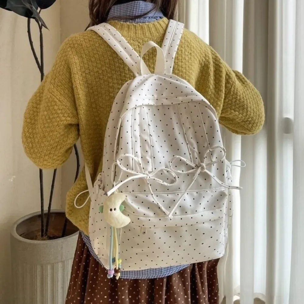 sac à dos de voyage à pois tendance avec nœud, grande capacité, cartable d'étudiant, sac à dos multi-poches en nylon pour ordinateur portable