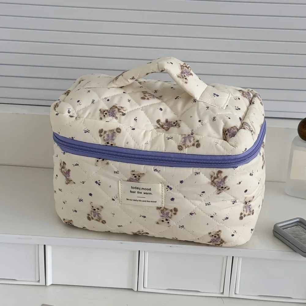sac de maquillage ours de dessin animé pour femmes, grande capacité, mignon organisateur de voyage, pochette matelassée, sac à main de rangement de toilette pour dames