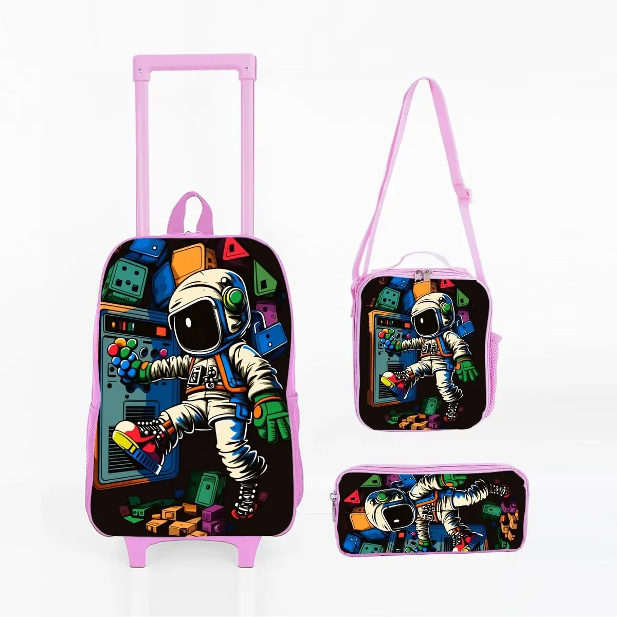ensemble de sacs à roulettes à imprimé spatial d'astronaute avec boîte à lunch, trousse à crayons, sac à roulettes pour l'école, sac à dos pour fille/garçon