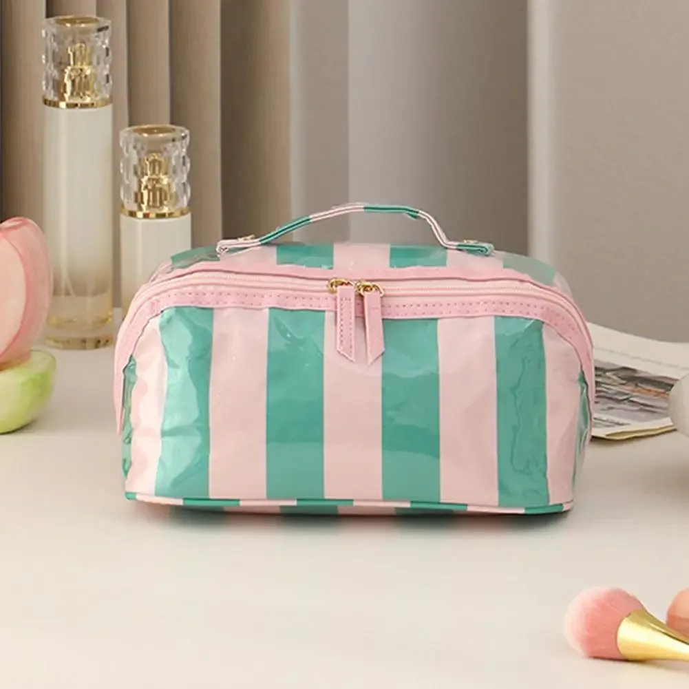 sac de maquillage imperméable en pvc, double fermeture éclair, sac de rangement cosmétique à rayures en damier, sac de toilette de voyage grande capacité