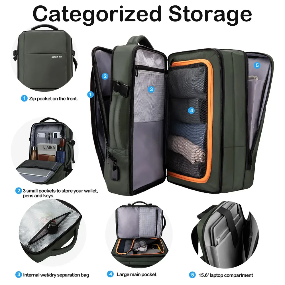 hcankcan-sac à dos extensible pour homme, sac pour ordinateur portable étanche, sac de voyage de randonnée, sac à dos d'affaires, sac à dos décontracté, grande capacité, 15.6 po