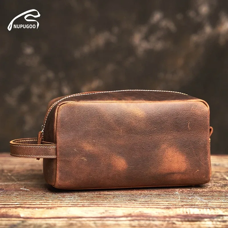 nupugoo-pochette en cuir véritable, sac cosmétique en peau de cheval, sac de lavage multifonctionnel, rangement de loisirs