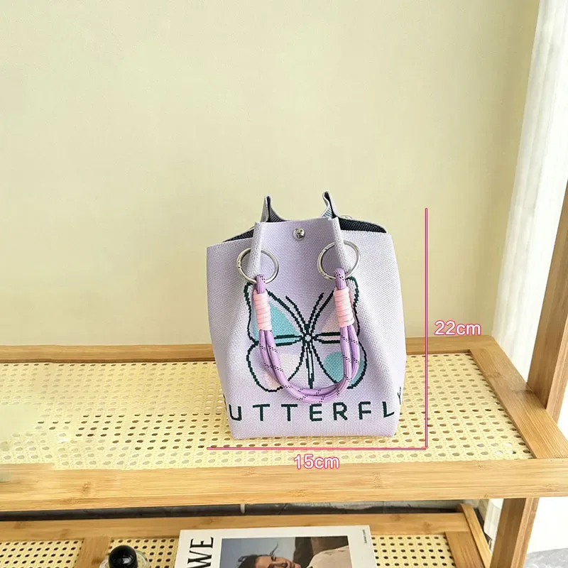 sac fourre-tout en tricot floral vintage papillon pour femme – polyester léger avec bretelles tissées réglables et anneaux en métal