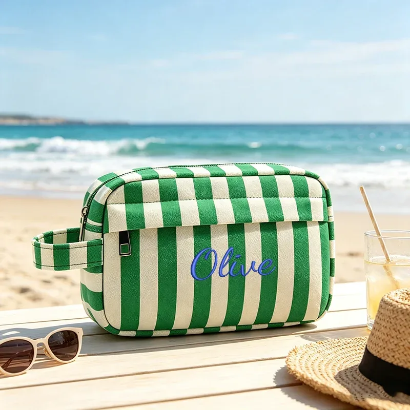 trousse de toilette rayée à double compartiment, portable pour les voyages, idéale pour les trajets quotidiens, les vacances, la plage, les fêtes, cadeaux créatifs, anniversaires, rentrée scolaire, remise des diplômes.