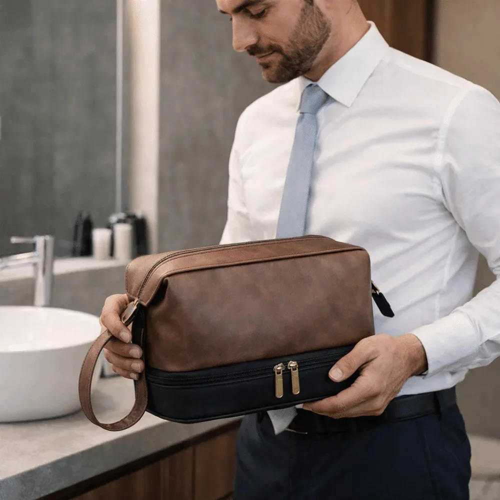 trousse de toilette homme grande capacité en cuir pu rétro, étanche avec séparation sec-humide, pochette de maquillage professionnelle pour salle de bain