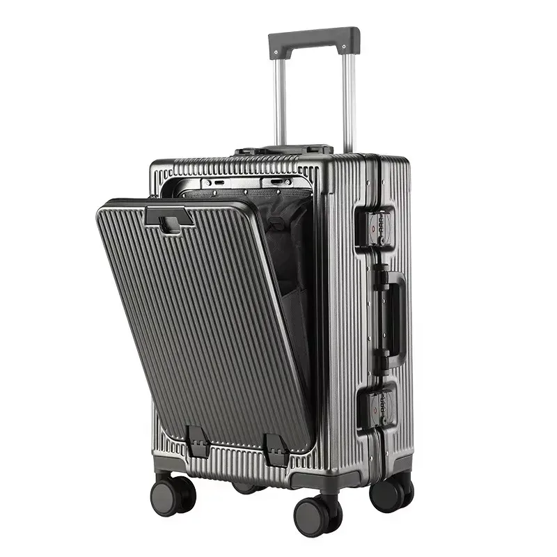 valise à cadre en alliage d'aluminium, poche d'ouverture avant avec prise de chargement usb, sac de boîtier de chariot à bagages roulant avec roue rotative