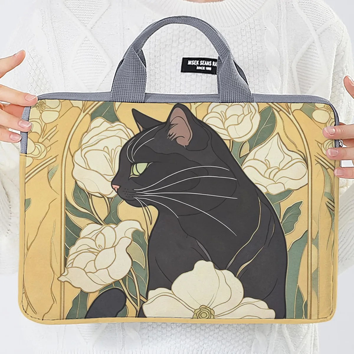 1 pièce, deux styles, sac pour ordinateur portable imprimé motif camélia et chat noir, housse souple en tissu pour ordinateur portable, convient aux ordinateurs portables de 14 pouces
