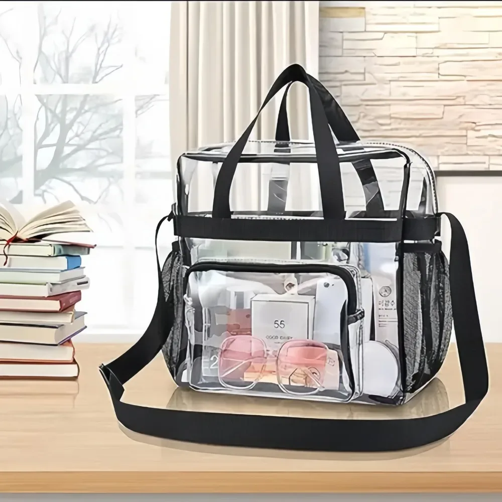 sac fourre-tout transparent robuste en plastique, bandoulière avec poches zippées, passe facilement la sécurité des stades pour femmes, travail, concerts