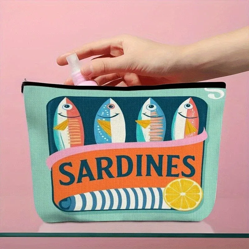 sac de maquillage à motif de sardines ludiques, pochette de rangement de cosmétiques de voyage légère avec fermeture à glissière, design chic décontracté unisexe