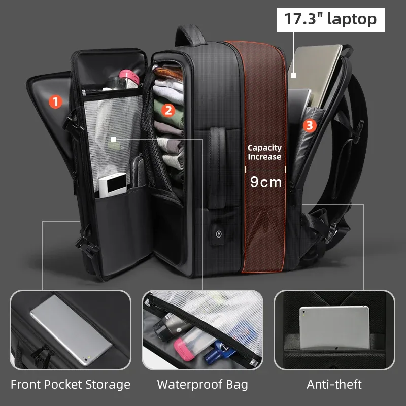 fenruien sac à dos hommes 17.3 pouces sacs à dos pour ordinateur portable extensible usb charge grande capacité voyage sac à dos avec sac étanche