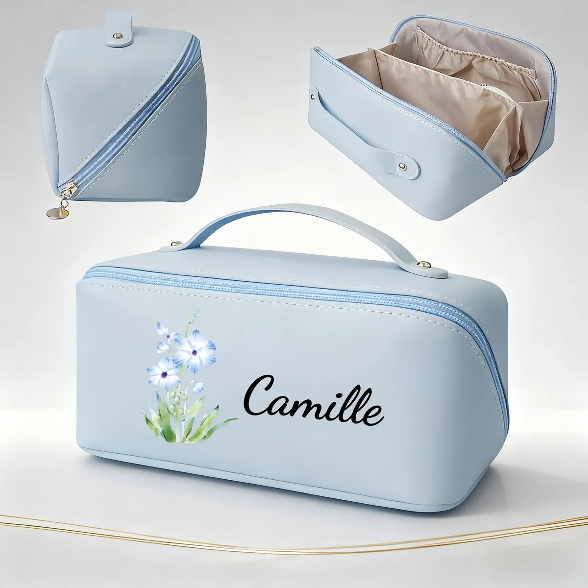 trousse de maquillage personnalisée avec fleurs et nom, trousse de maquillage à fermeture éclair, trousse de maquillage grande capacité pour femmes