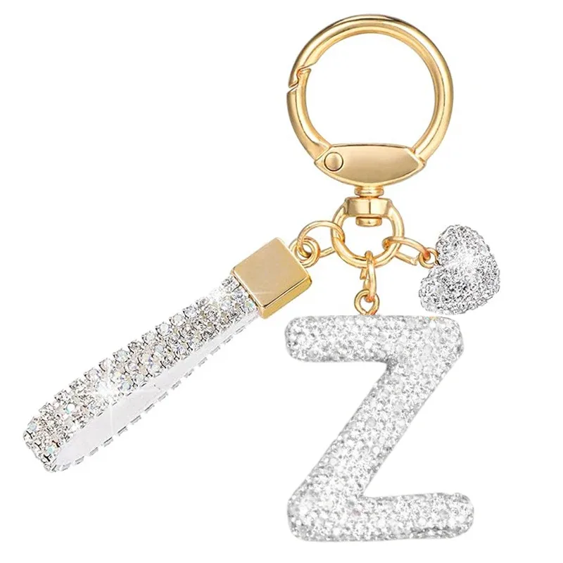 porte-clés avec lettres blanches brillantes, alphabet a-z pour porte-clés de voiture/sac à dos et cadeau avec lanière ajoutée