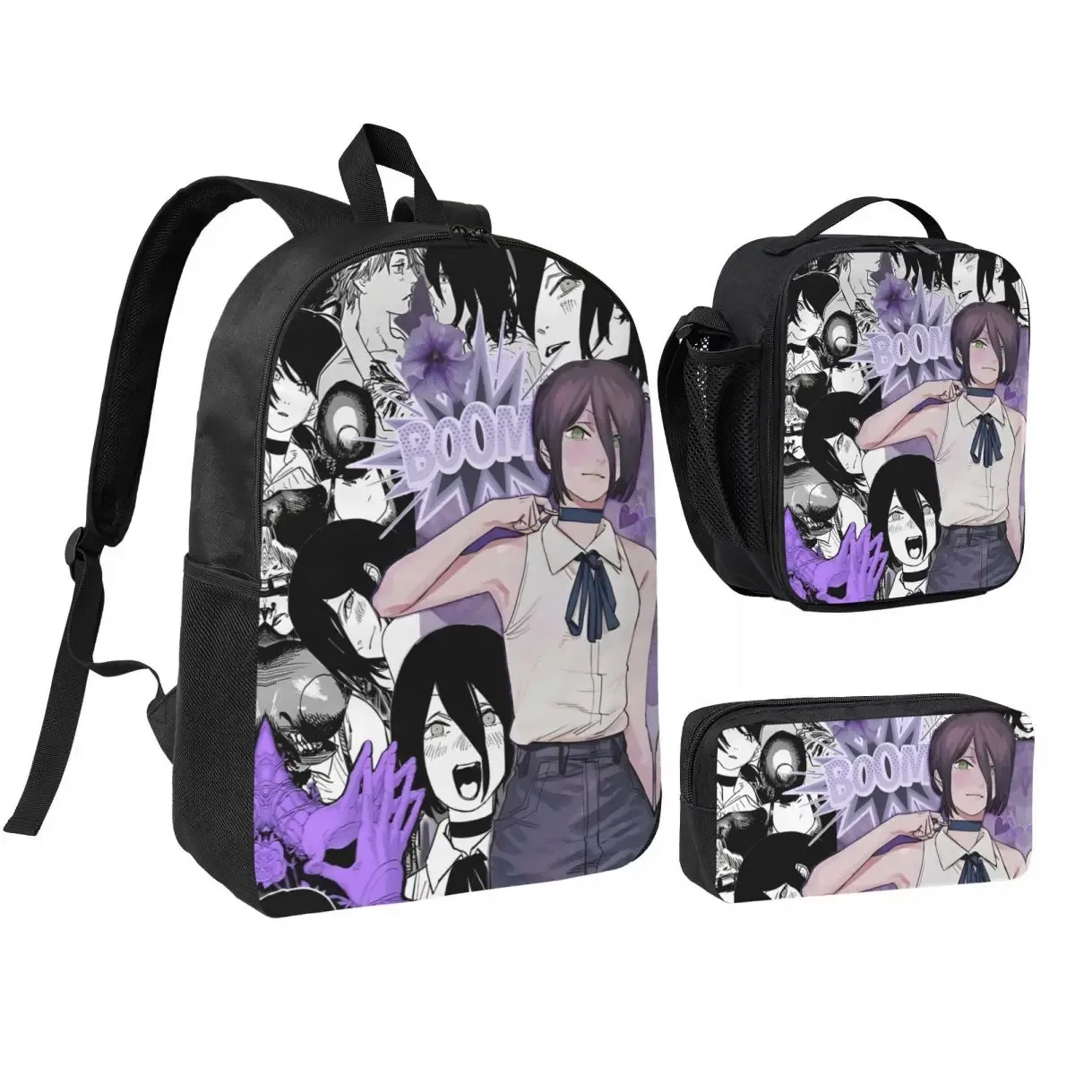 anime tronçonneuse homme 3pecs/ensemble sac à dos pour étudiant ordinateur portable sac à bandoulière sac à déjeuner trousse à crayons