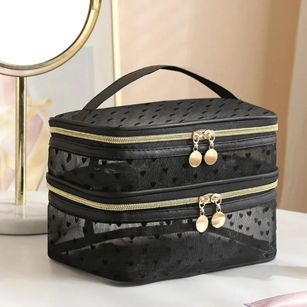 sac de maquillage en maille, organiseur de cosmétiques portable de voyage, double couche, grande capacité, trousse de toilette, étui de rangement pour femmes