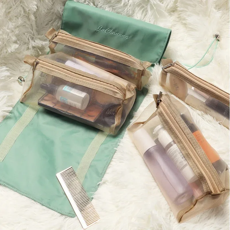 sac à cosmétiques de voyage pour femmes, boîte de maquillage en maille, esthéticienne, pinceaux de toilette, organisateur de rangement de rouge à lèvres