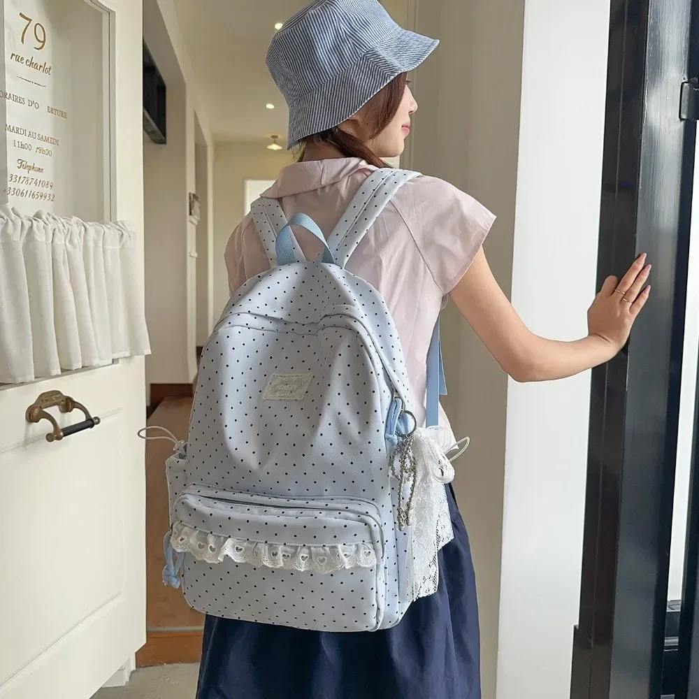 sac à dos de voyage mignon à pois, grande capacité, en nylon, pour étudiants, avec dentelle, multi-poches, sac à dos pour ordinateur portable