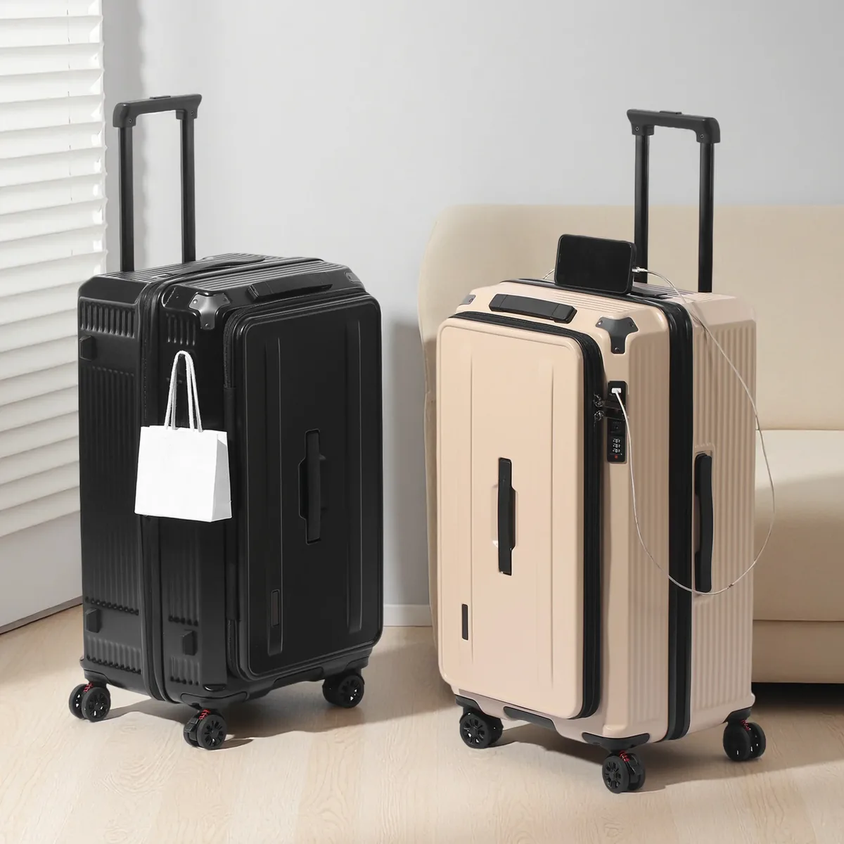 valise pc multifonctionnelle extensible avec serrure tsa, port usb type-c, roues antichoc, ouverture frontale, bagage cabine à roulettes