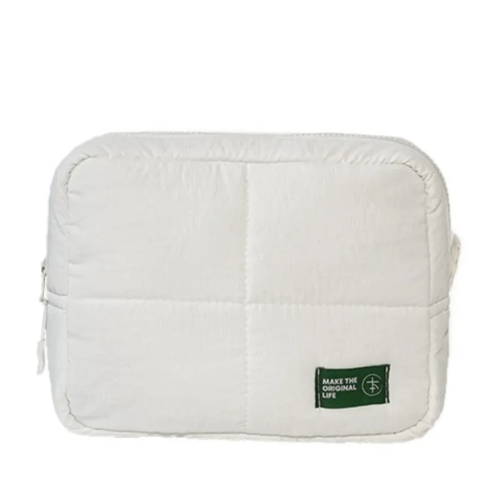 trousse de maquillage matelassée carrée type puffer, pochette cosmétique souple couleur unie, sac de rangement pour soins de la peau, voyage