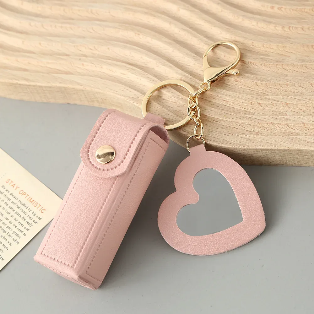 1 pièce pochette portable en cuir pu pour rouge à lèvres, mini trousse de maquillage, étui pour baume à lèvres, porte-clés, étui de protection pour rouges à lèvres avec miroir