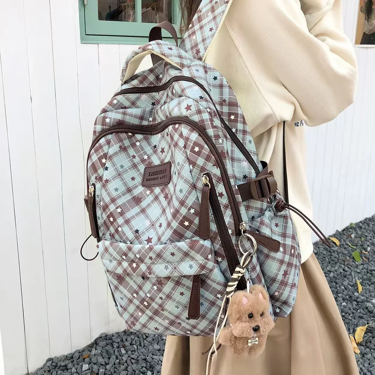 Sac à dos décontracté grande capacité tendance pour les loisirs et les voyages, en nylon, pour les jeunes filles du collège et du lycée, sac à dos d'extérieur à imprimé à carreaux