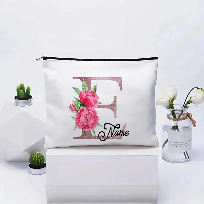 trousse de maquillage personnalisable avec prénom, cadeau de mariage, grande pochette en toile à fermeture éclair, motif floral pivoine, essentiels de voyage, maquillage