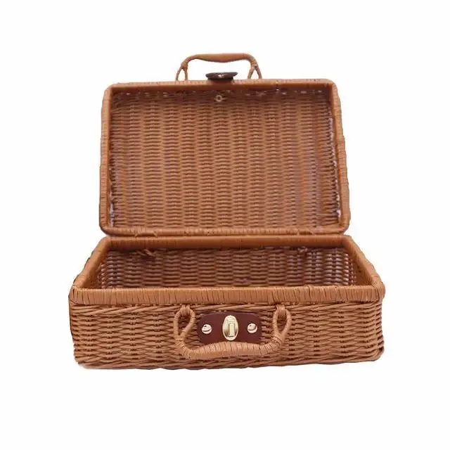 1 pc paniers de rattan panier de stockage de pique-nique valise en acier avec boîte-cadeau à la main boîte de stockage cosmétique tissée organisation de stockage